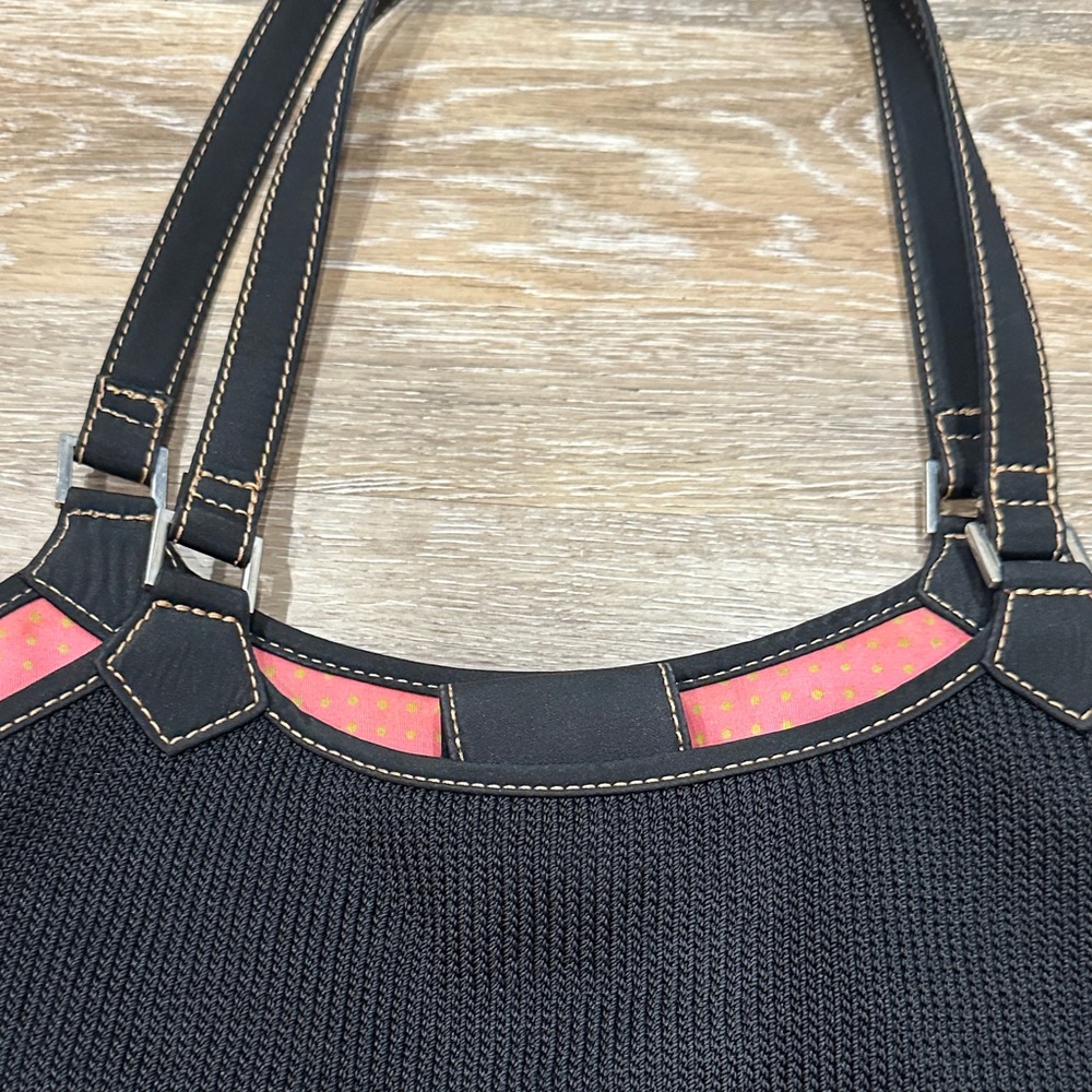 The SAK Chic Black Tote Bag with Pink and Lime Green Polka Dot Interior - Picture 3 of 16